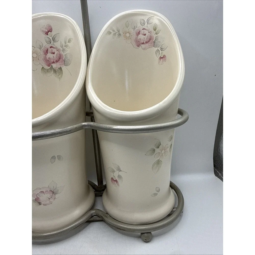 Pfaltzgraff TEA ROSE Flatware Caddy Silverware Utensil Holder With Stand.